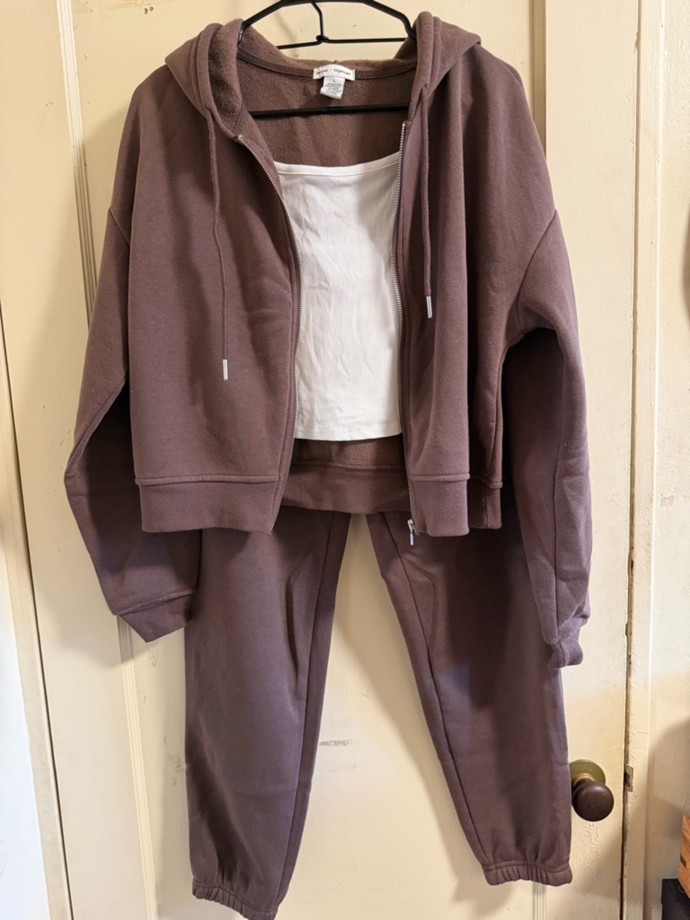 Comfy Chocolate Brown Zip Hoodie & Jogger Set with White Tank